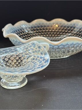 Opalescent Hobnail Glass Compote and Bowl - Pale Blue/White